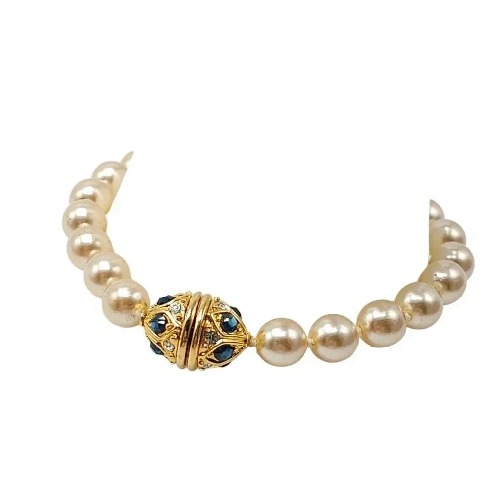 Nolan Miller Vintage Faux Pearl Bracelet Blue Clear Rhinestone Snap Closure